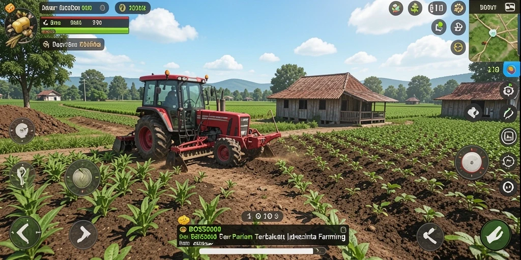 Screenshot menunjukkan petani mengelola ladang dengan berbagai tanaman.