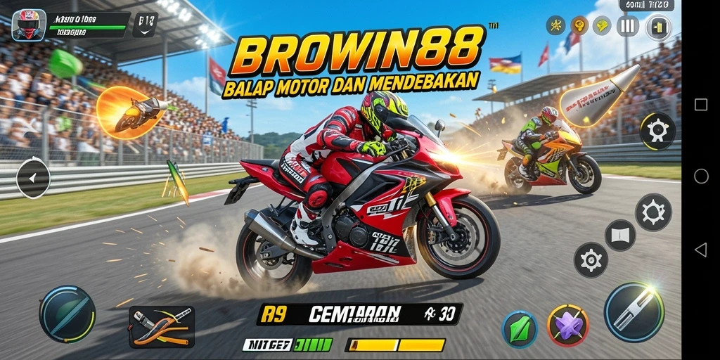 Screenshot BROWIN88 menampilkan aksi balapan motor yang mendebarkan.