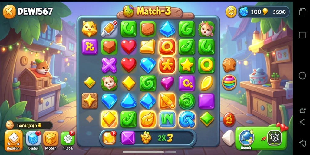 Tampilan gameplay seru game Match-3 DEWI567 yang menantang.