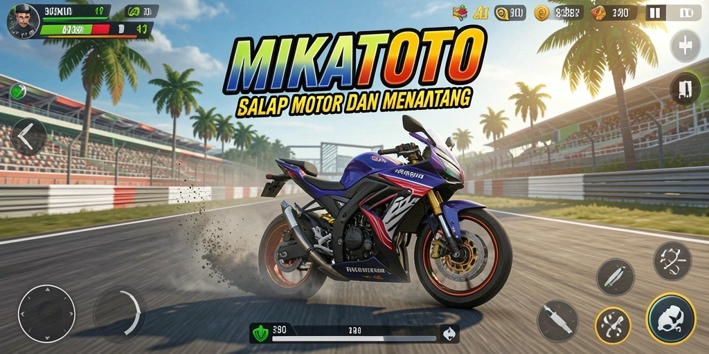 Screenshot gameplay MIKATOTO yang memperlihatkan balapan motor yang mendebarkan.