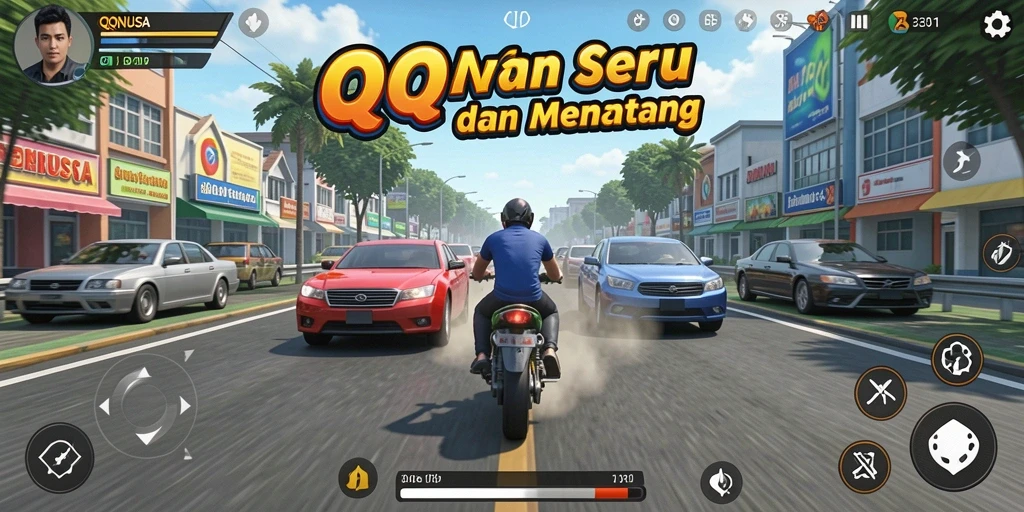 Screenshot gameplay QQNUSA dengan intensitas balapan yang mendebarkan.