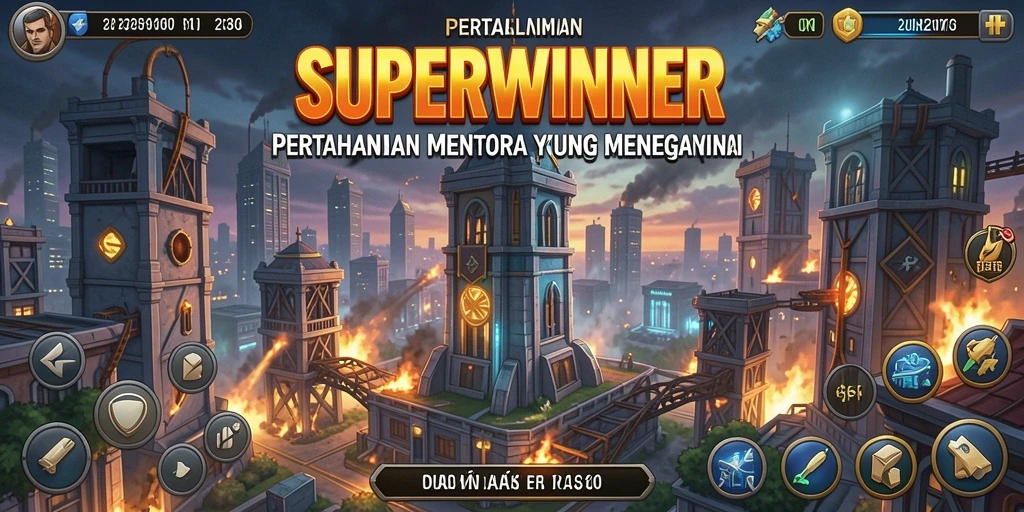 Screenshot SUPERWINNER menampilkan gameplay Tower Defense yang intens.